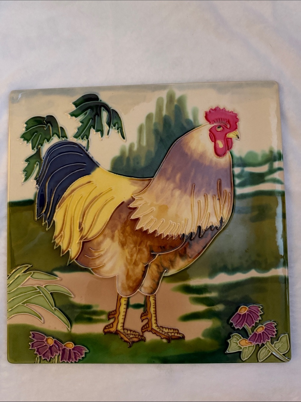 Hand-Painted Rooster Tile Wall Accent - Multicolor